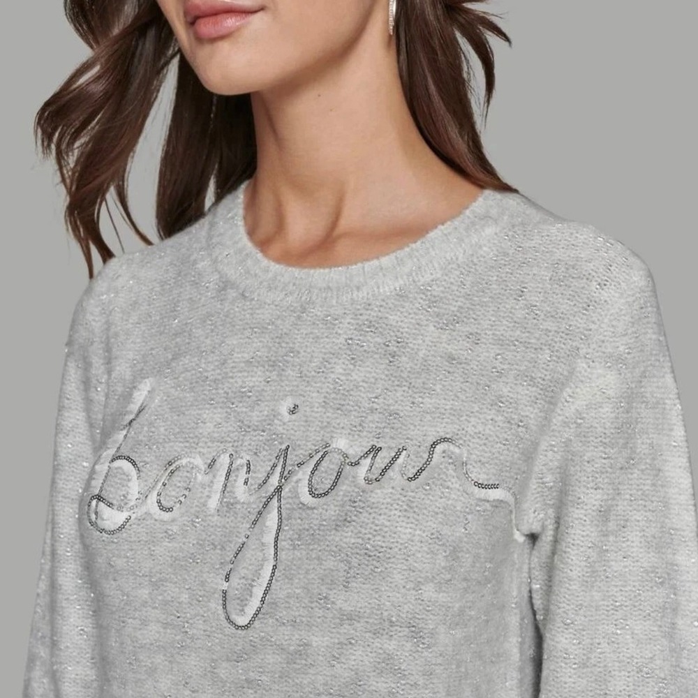 Karl Lagerfeld‎ Paris Bonjour Sweater Script Lurex Sparkle Knit Gray S Glam